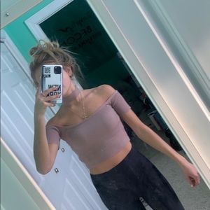 pink cropped off shoulder w/ neck attachment shirt